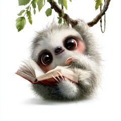 Fototapeta premium Kawaii sloth hangs upside down from a branch. Its dreamy eyes gaze at a book as it slowly turns a page. Soft grey fur and rosy cheeks are visible.
