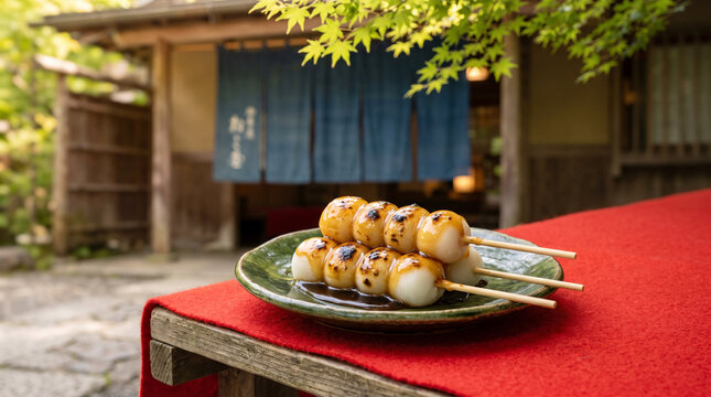 Mitarashi Dango rice dumplings served on a red bench at a traditional Japanese tea house under fresh green maple leaves