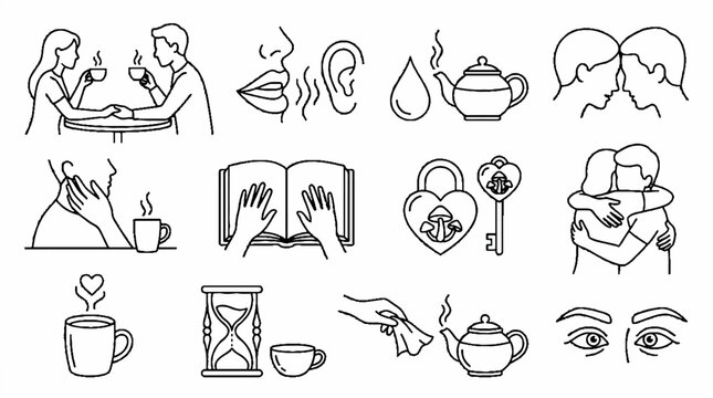 Collection of hand drawn line art icons representing love and relationships.