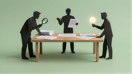 Obraz premium Three paper cutout figures around a table, one holding magnifying glass, another with lightbulb.