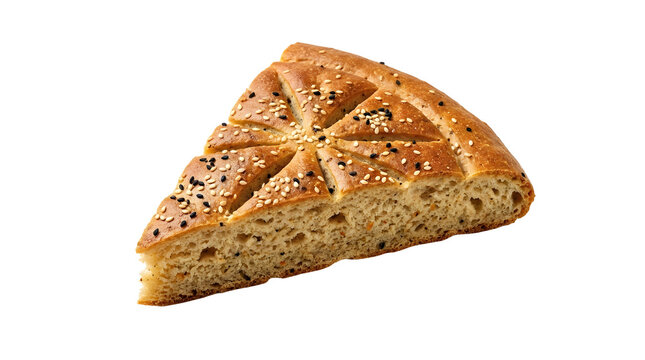 A thick triangular slice of traditional Ethiopian Himbasha celebration sweet bread, decorated with geometric score lines and sprinkled with black and white sesame seeds