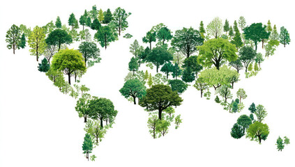Fototapeta premium This image shows a world map formed by various green trees and plants, representing nature and the environment.