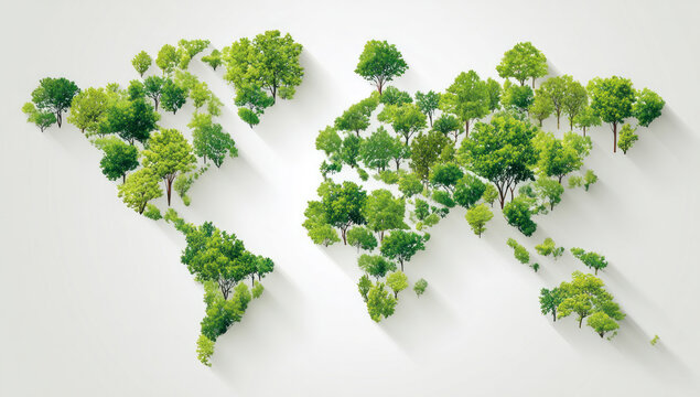 This image shows a world map formed by green trees, emphasizing global ecological concepts and the importance of nature.