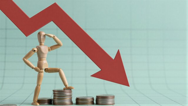 Wooden figure stands on coins, facing large red downward arrow graph.