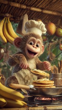 Chubby baby monkey wearing a chef hat and apron, happily flipping pancakes in a kitchen setting