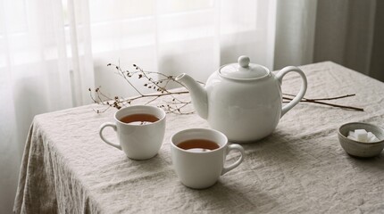 Fototapeta premium A serene setup for enjoying tea, featuring a white teapot and two cups filled with amber liquid, placed on a linen-covered table beside a window