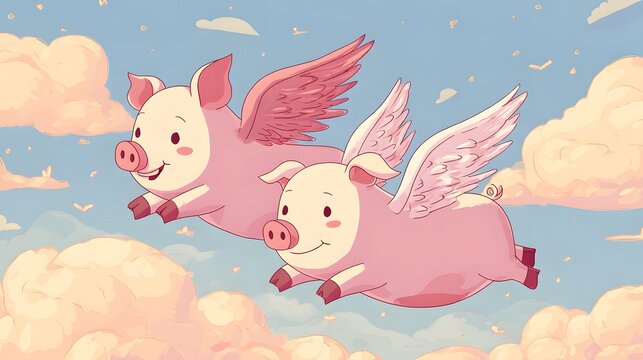 Two cute pigs with pink wings flying like angels in the sky above the clouds, when pigs fly illustration concept
