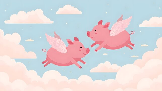 Two cute pigs with pink wings flying like angels in the sky above the clouds, when pigs fly illustration concept