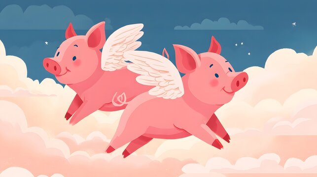 Two cute pigs with pink wings flying like angels in the sky above the clouds, when pigs fly illustration concept