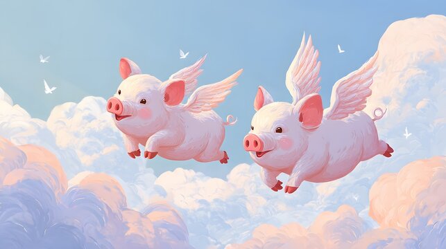 Two cute pigs with pink wings flying like angels in the sky above the clouds, when pigs fly illustration concept