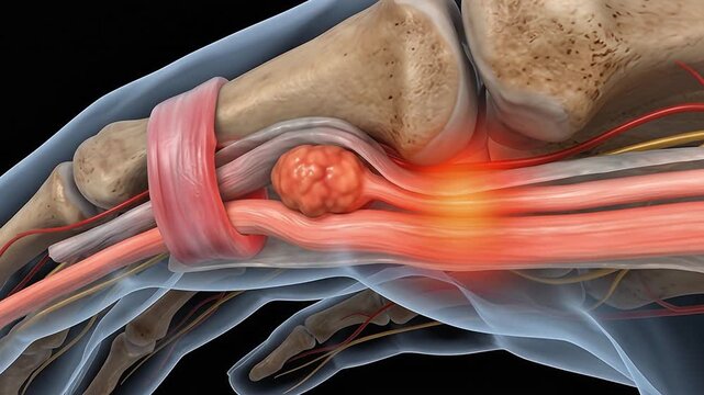 3D Medical Animation of Human Hand Trigger Finger Anatomy with Flexor Tendon Nodule, Pulley Compression, Nerves and Inflammation on Dark Background
