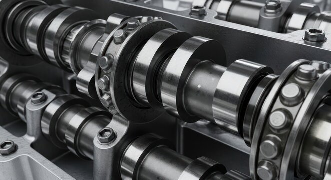 Close-up view of a complex internal combustion engine camshaft assembly.