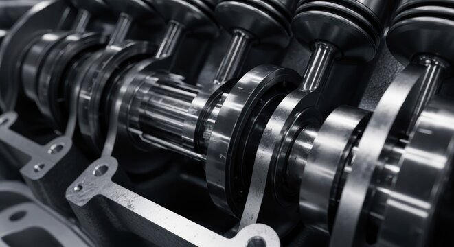 Close-up view of a complex internal combustion engine camshaft mechanism.