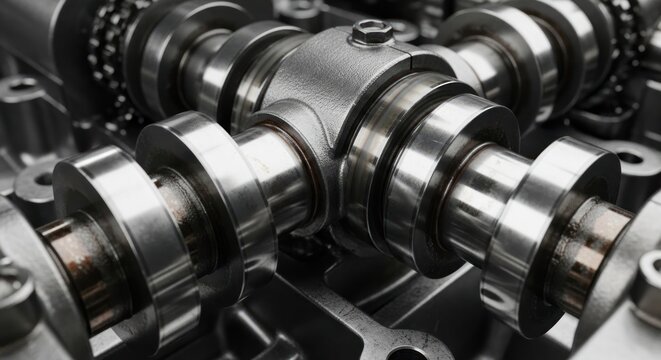 Close-up view of a complex internal combustion engine camshaft assembly.