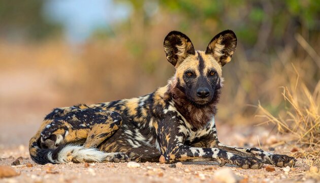 African wild dog resting in the wild, showcasing its unique coat.