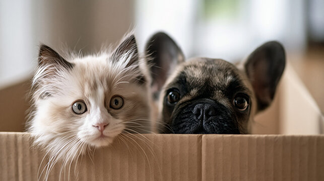 Lindo gatito y cachorro de bulldog franc&eacute;s asom&aacute;ndose desde una caja de cart&oacute;n. Concepto de mudanza, adopci&oacute;n y tierna amistad entre mascotas.