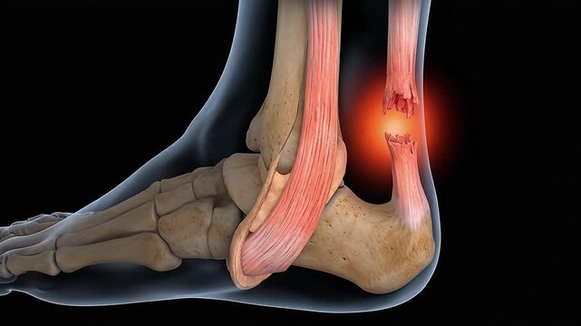 3D Medical Animation of Human Ankle Joint Anatomy with Torn Ligaments, Tendons, Heel Bone and Sprain Injury Inflammation on Dark Background