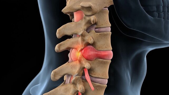 3D Medical Animation of Human Cervical Spine Herniated Disc with Vertebrae, Spinal Cord, Nerve Root Compression and Pain Highlight on Dark Background
