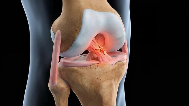 3D Medical Animation of Human Knee Joint Anatomy with ACL Cruciate Ligament Tear, Meniscus, Cartilage and Inflammation Pain Highlight on Dark Background