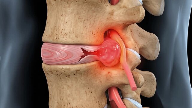 3D Medical Animation of Human Lumbar Spine Herniated Disc with Vertebrae, Nerve Root Compression, Spinal Cord and Back Pain Highlight on Dark Background