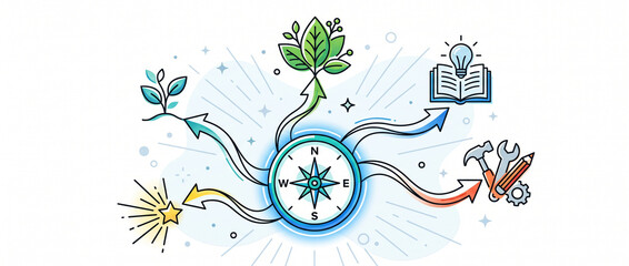 Naklejka premium Shared Compass Arrows Transforming into Symbols of Positive Future Pathways