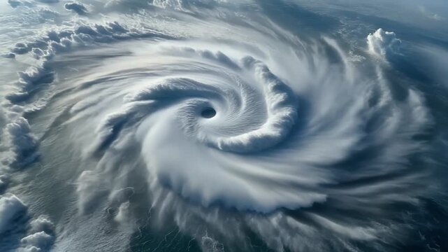 Satellite aerial view of a massive hurricane storm vortex over the ocean