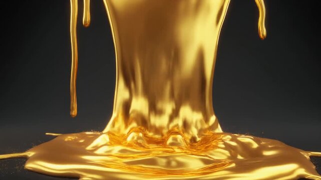 Liquid molten gold pouring and splashing into a crown shape on dark background