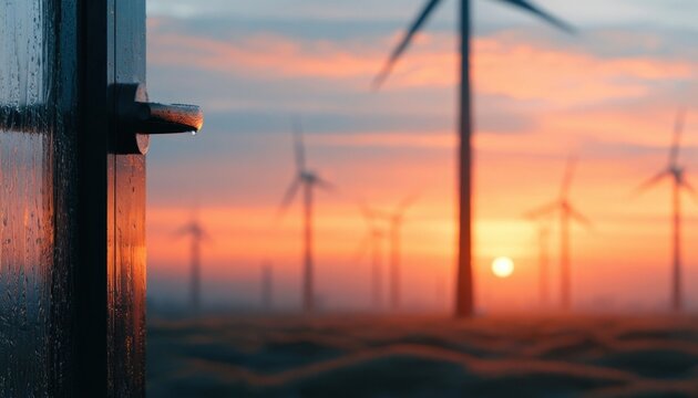 Wind turbines stand in a field during a vibrant sunset over the horizon