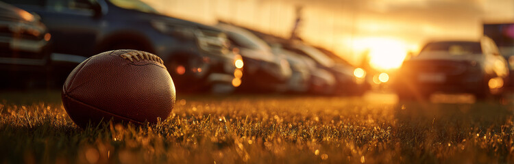 Football rests on grass with row of parked cars in background during warm golden sunset, creating calm and nostalgic mood