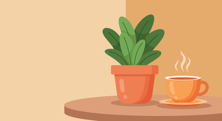 Fototapeta premium A vector illustration featuring a lush green potted plant sitting next to a steaming orange cup of hot tea or coffee on a wooden table.