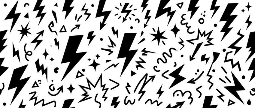 Seamless Pattern of Black Lightning Bolts and Abstract Shapes on White Background