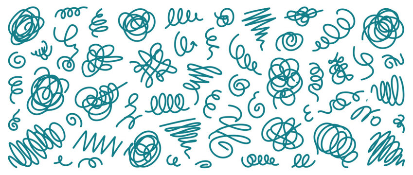 Teal Scribble Swirls and Lines Pattern on White Background