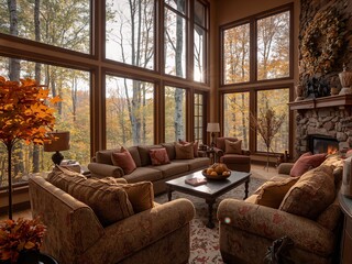 Fototapeta premium Cozy Living Room with Large Floor to Ceiling Windows Showing Autumn Forest Scene