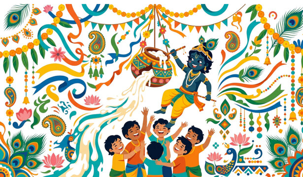 Creative Krishna breaking Dahi Handi vector background for Janmashtami festival