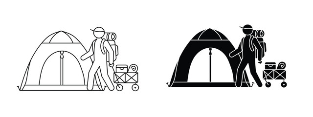 Camping icon set with hiker tent and gear cart stick figure vector line art and silhouette © Ant Art