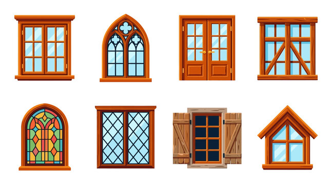 Collection of architectural wood window frames and double doors with glass panels on white background