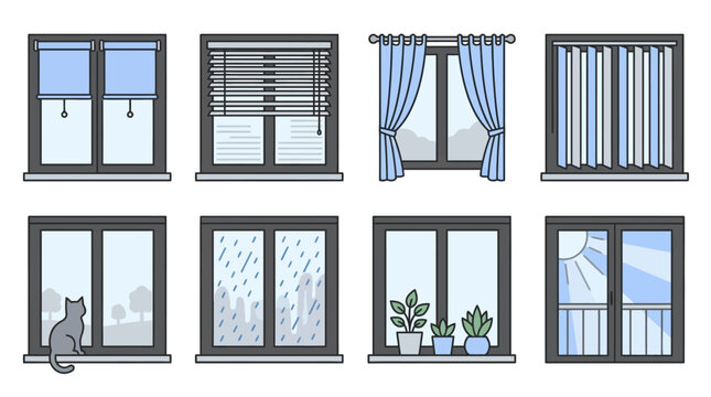 Collection of diverse window frames featuring curtains blinds house plants and weather views