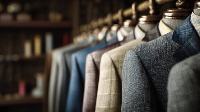 Row of tailored suits on hangers in luxury boutique.