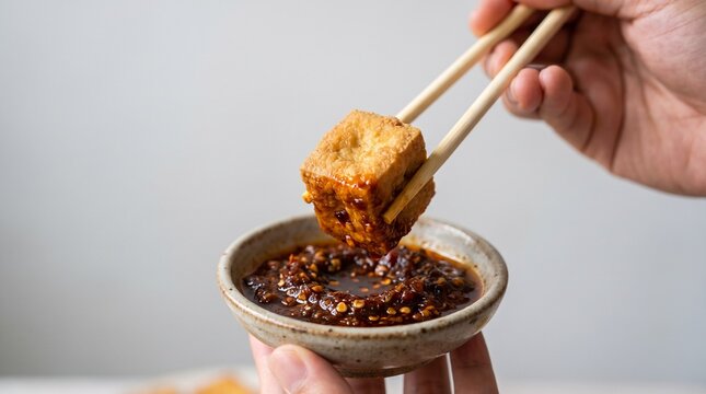Hand dipping fried tofu sambal