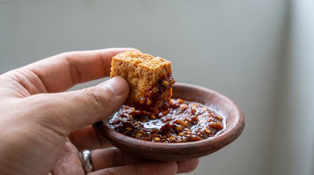 Hand dipping fried tofu sambal
