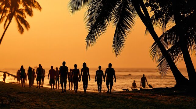 Silhouettes of a group of people walking on a beach during sunset with palm trees