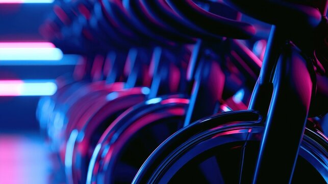 Close-up view of a row of stationary exercise bikes in a gym illuminated by neon blue and pink lights