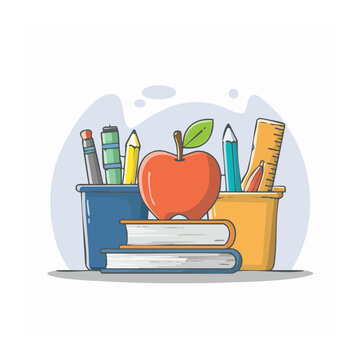 Flat vector illustration of school supplies with apple and books