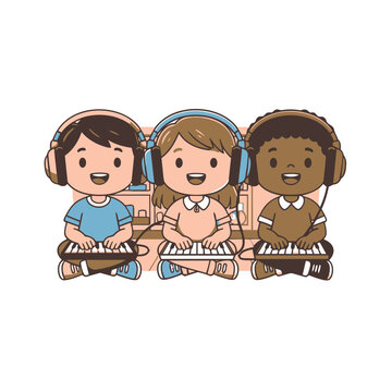 Three children playing keyboards with headphones