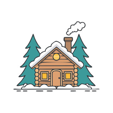 Winter log cabin with snow and pine trees illustration