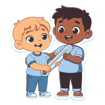 Cartoon boys measuring height with ruler