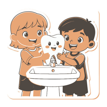 Cartoon children brushing teeth with happy tooth character