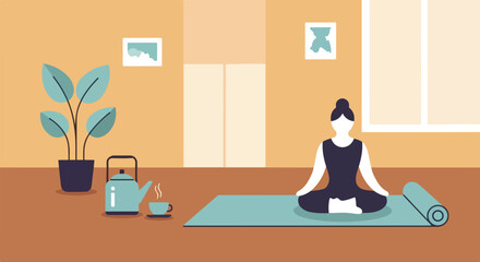 Fototapeta premium A woman practices yoga in lotus pose on a mat at home, surrounded by a serene atmosphere with a teapot, a cup of tea, and a green potted plant.