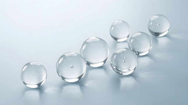 Pure water moisture globes are arranged diagonally to emphasize clean hydration formulation standards. 3D rendering.