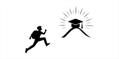 Student Running Toward Graduation Success Black Vector Education Icon Academic Goal Achievement Student and Graduation Cap Silhouette Vector Illustration Education Success Journey Student Reaching Gra © Arman